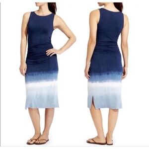 Athleta Midi‎ Dress Tie Dye Tank Sleeveless Ombré Ruched Women Large Blue New